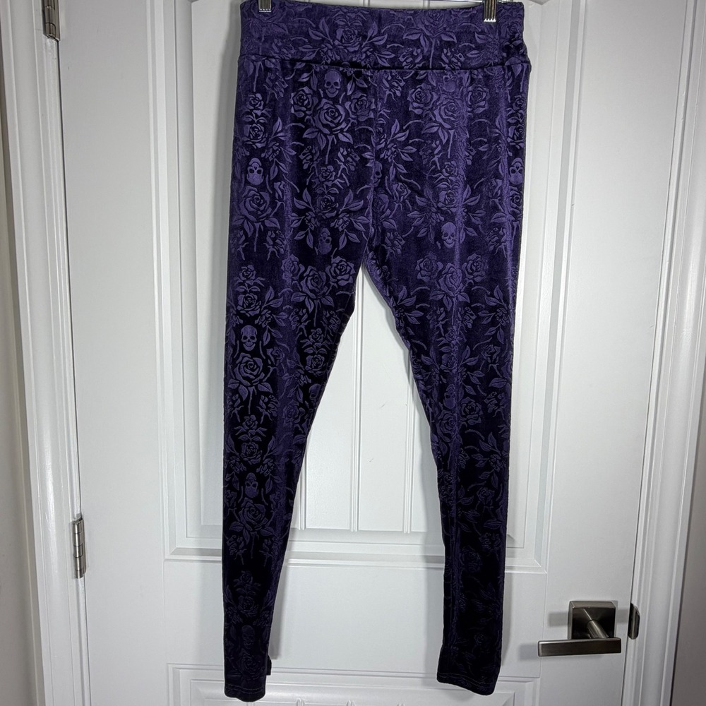 Killstar Purple Velvet Skull Rose Burnout Lace Up Leggings XL Gothic